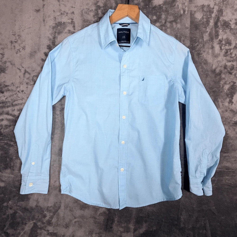 Nautica Boys Button Up Dress Shirt Size L 14/16 Light Blue Long Sleeve‎